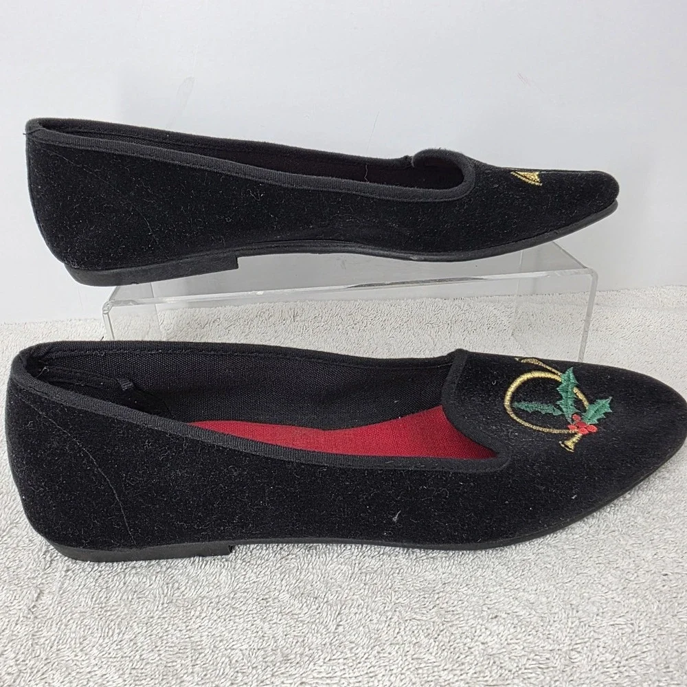 Vintage Christmas Holiday Flats Black Velvet Shoes Jingle Bells Holly SIZE 9
